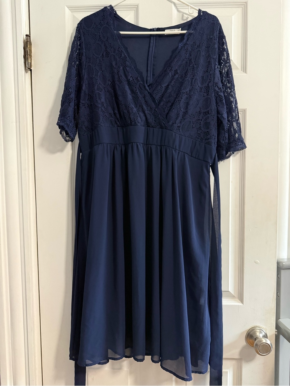Navy Lace V-Neck Midi Dress - Women